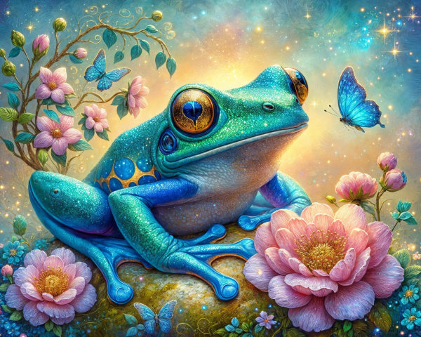 Fantastical Frog in a Dreamy Flower Landscape