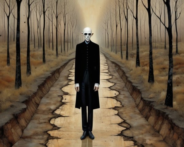 Ghostly Figure on a Deserted Path with Leafless Trees