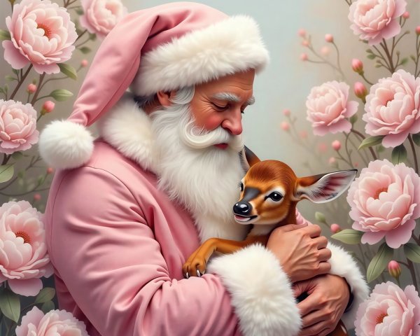 Santa Claus in Pink Suit Cradling a Fawn