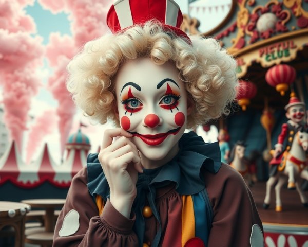 Whimsical clown in colorful carnival setting