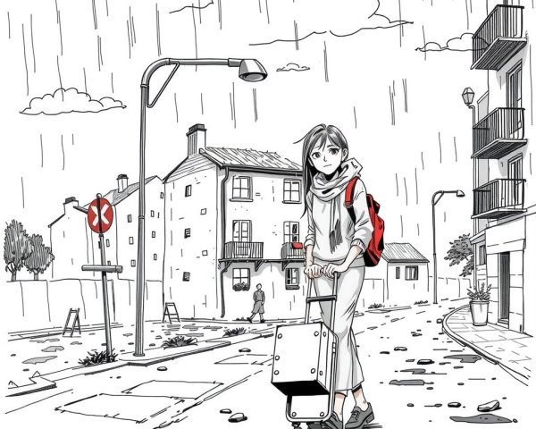 Anime-style illustration of a woman in a rainy city