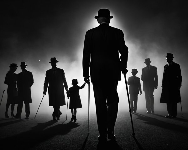 Elegant Figures in Black-and-White Silhouette Scene