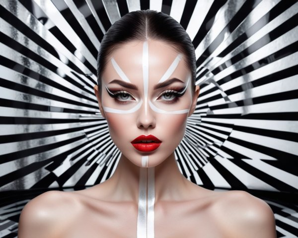 Model with Bold Geometric Makeup and Striped Background