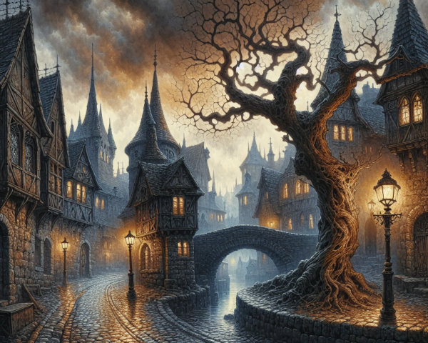 Eerie Village at Dusk with Cobblestone Streets