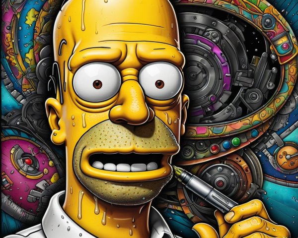 Cartoon Character with Yellow Bald Head and Abstract Background