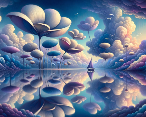Surreal Landscape with Pastel Flowers and Clouds