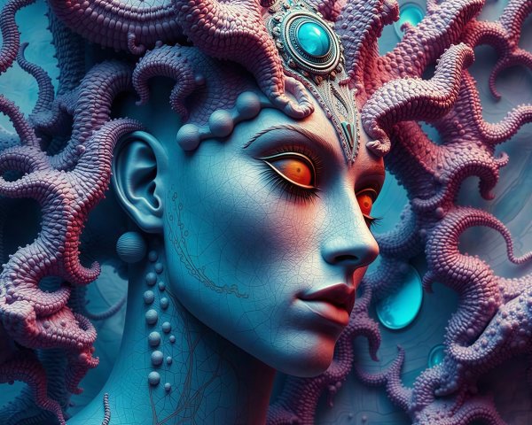 Close-up of a fantastical woman with blue skin and tendrils