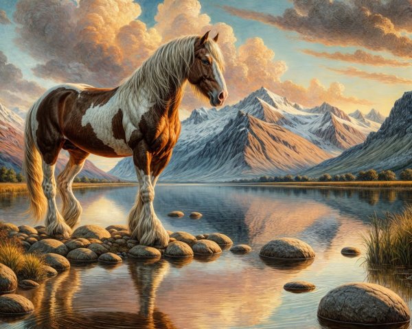 Majestic horse by tranquil lake at sunset with mountains