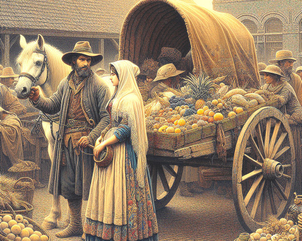 Market Scene with Vendors and Horse-Drawn Cart