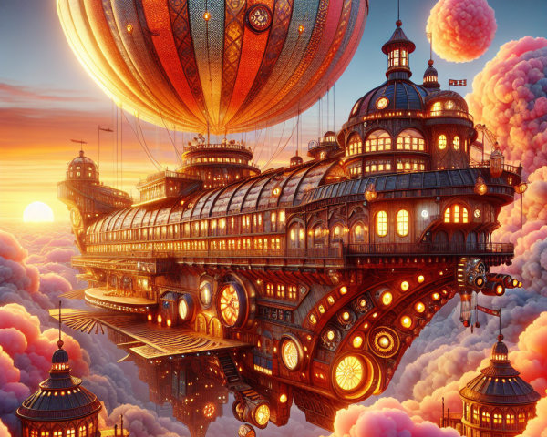 Steampunk Airship Among Fluffy Clouds at Sunset