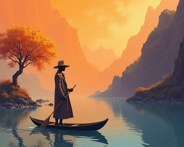 Solitary Canoe on Tranquil River at Sunset
