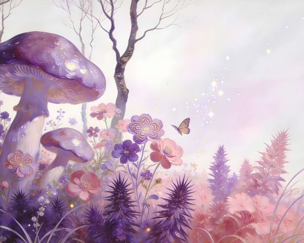 Whimsical Fantasy Forest with Purple Mushrooms and Flowers