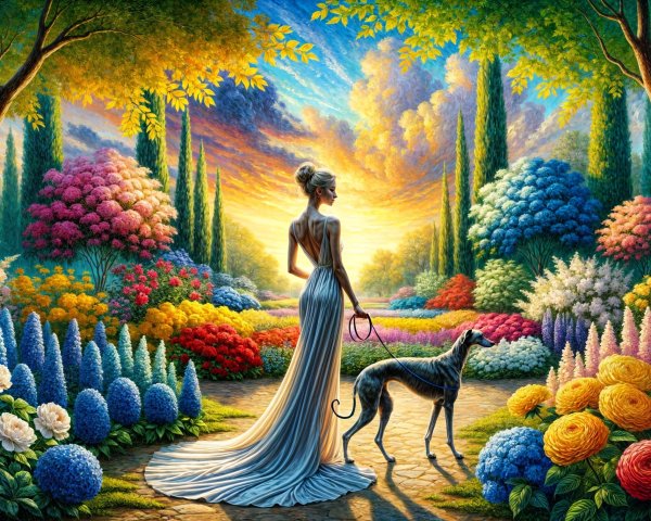 Elegant Woman with Greyhound in Blooming Garden