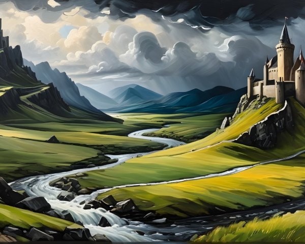 Dramatic Landscape with Castles and Lush Valleys