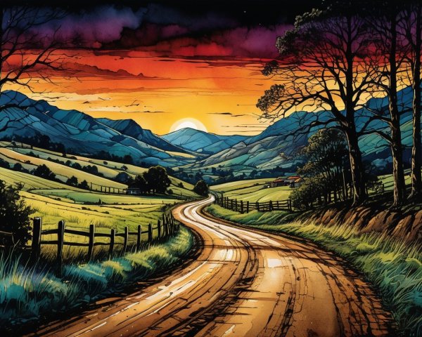 Winding Dirt Road Through Lush Green Fields at Sunset
