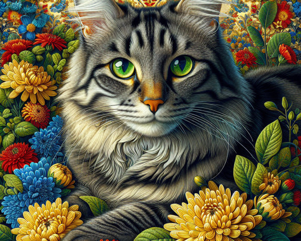 Tabby Cat Surrounded by Colorful Flowers