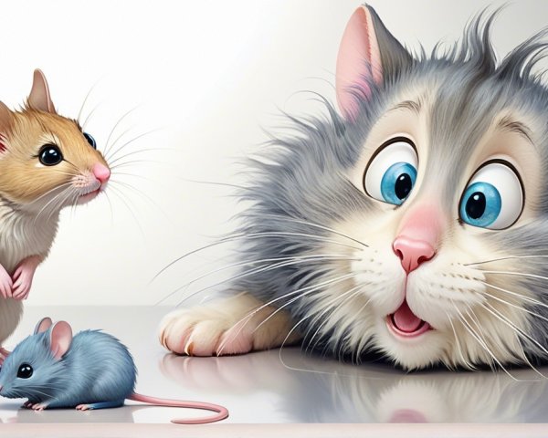 Whimsical Cat and Mice in Playful Scene
