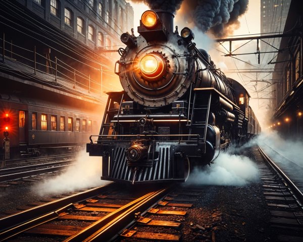 Vintage steam locomotive in shadowy urban setting