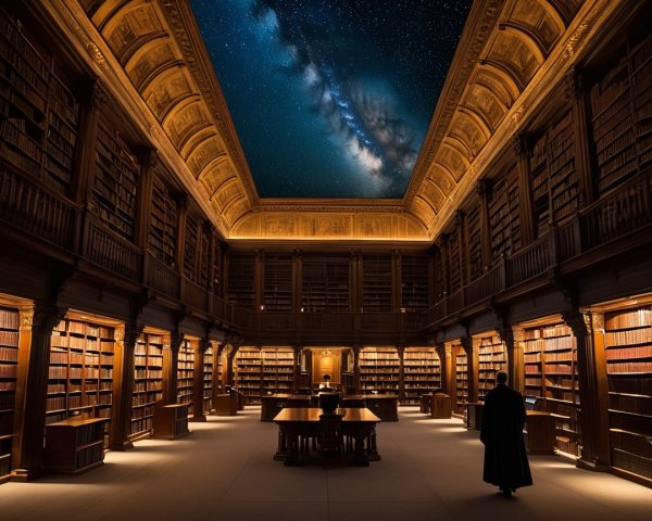 Grand library with towering bookshelves and galaxy view