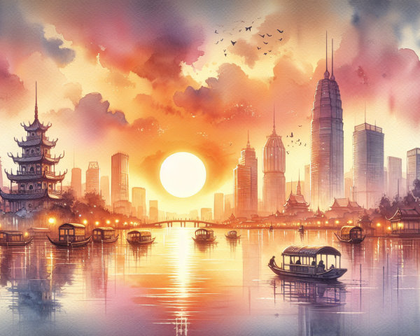 Watercolor Sunset Over City Skyline and River