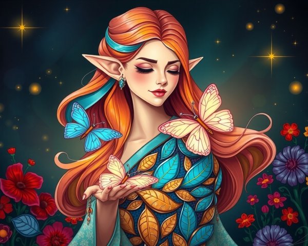 Fairy-haired girl with butterflies in a magical setting