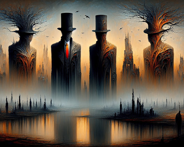 Surreal Landscape with Figures and Twisted Trees