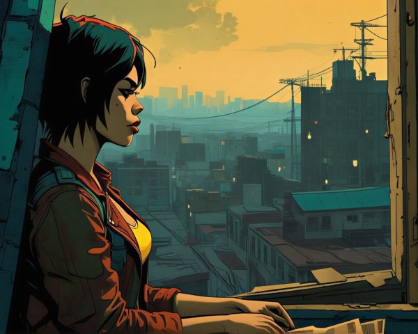 Young Woman Contemplating by Window in Urban Setting