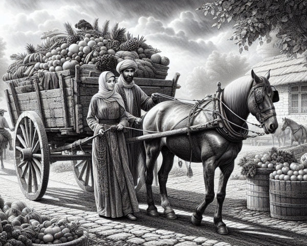 Monochromatic Scene of Horse-Drawn Cart with Produce