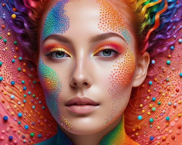 Portrait of a woman with rainbow hair and colorful makeup
