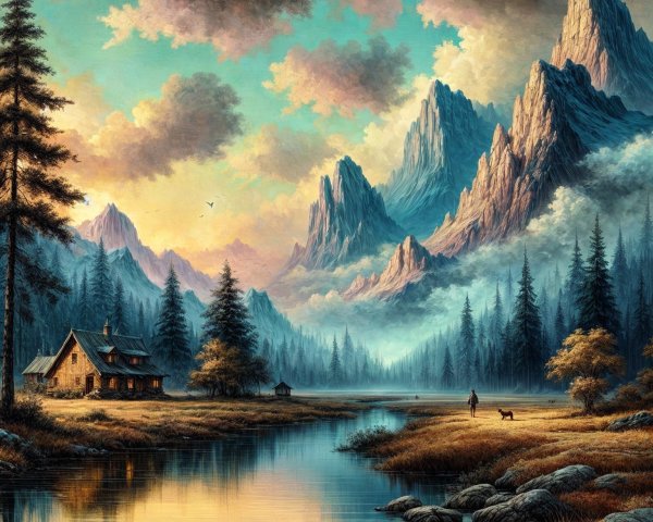 Tranquil Landscape with Cabin and Serene Lake