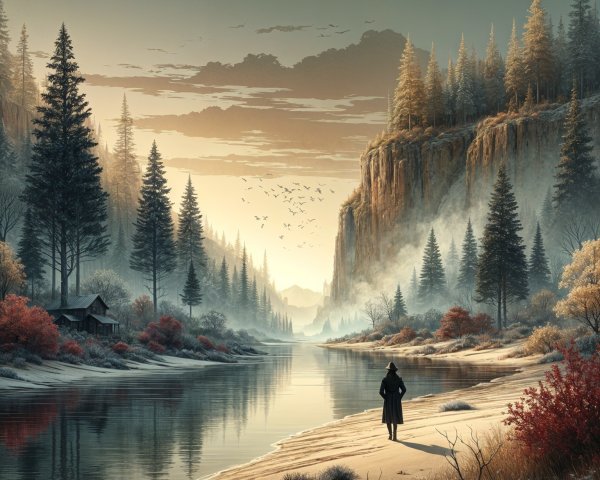 Dawn Landscape with River, Cliffs, and Trees