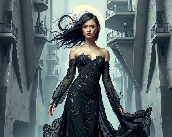 Elegant Black Gown in Dramatic Urban Setting