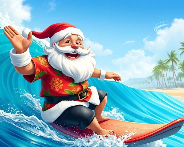 Santa Claus Surfing on a Wave in a Tropical Setting
