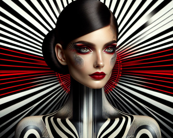 Portrait of a woman with bold graphic makeup and patterns
