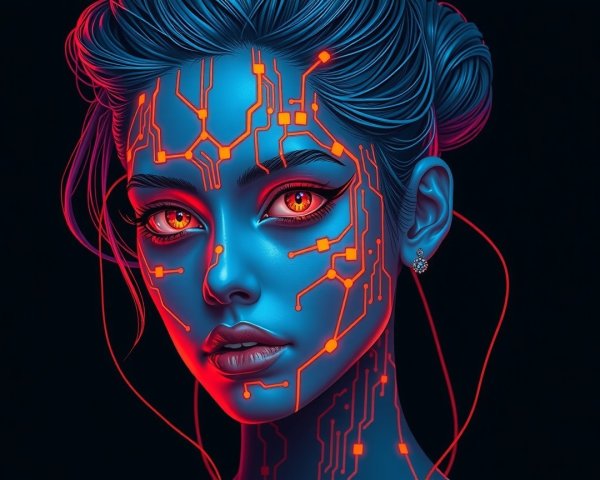 Futuristic Cybernetic Woman with Blue Skin and Orange Accents