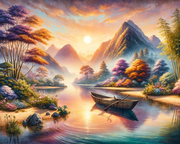 Vibrant Landscape with River and Majestic Mountains