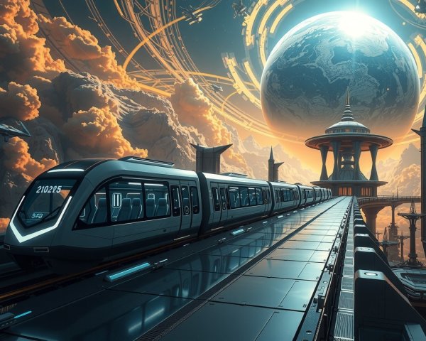 Futuristic train on platform in vibrant landscape scene