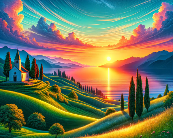 Vibrant Landscape with Sunset Over Tranquil Lake