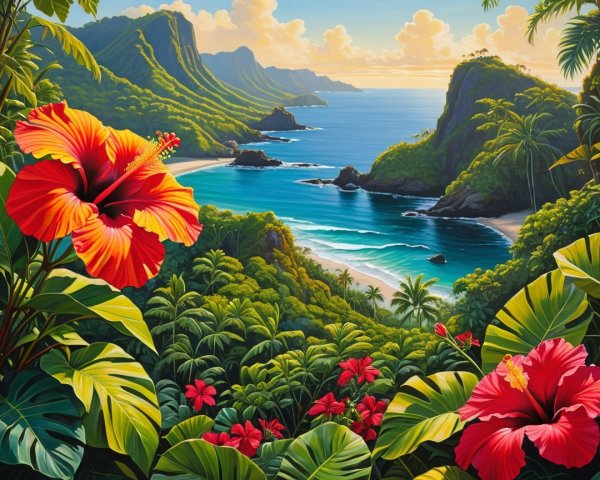 Vibrant Tropical Landscape with Mountains and Beach