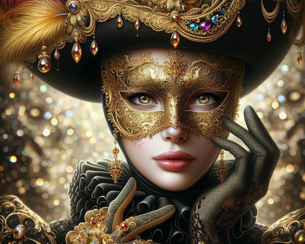 Opulent masquerade outfit with intricate mask details