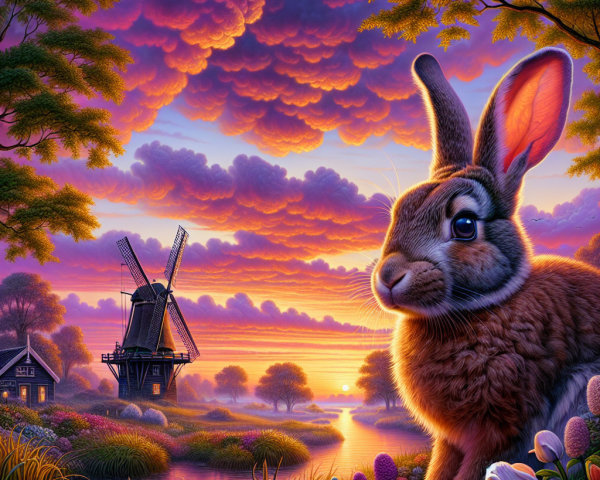 Charming Rabbit by Tranquil River at Sunset