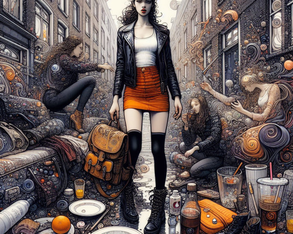 Young Woman in Urban Alley with Abstract Designs