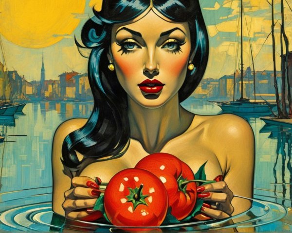 Vintage Illustration of Glamorous Woman with Tomatoes