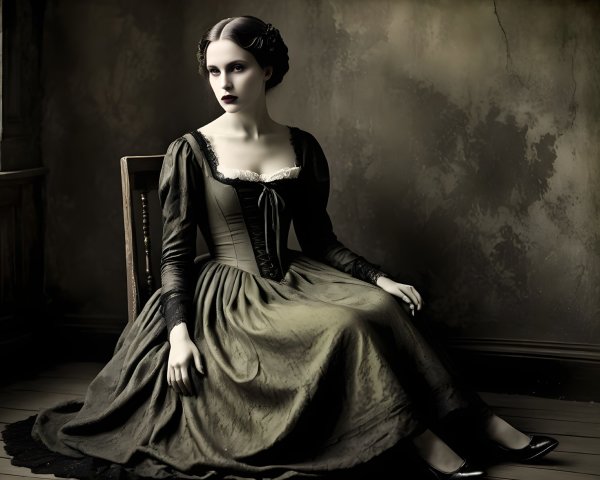Woman in Vintage Dark Green Gown in Dimly Lit Room