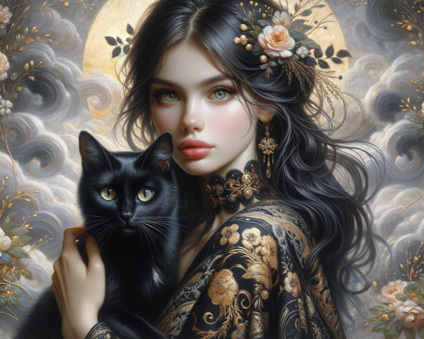 Portrait of a Young Woman with Cat and Floral Accents