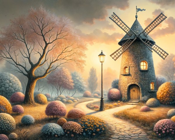 Charming Windmill Landscape at Dusk with Lush Bushes