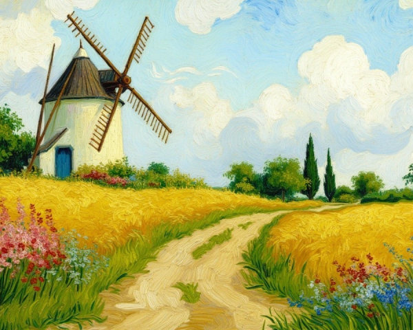 Charming Windmill by Wheat Field and Wildflowers