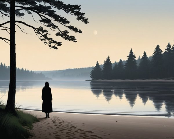Lakeside Dawn with Figure in Black Coat and Pines