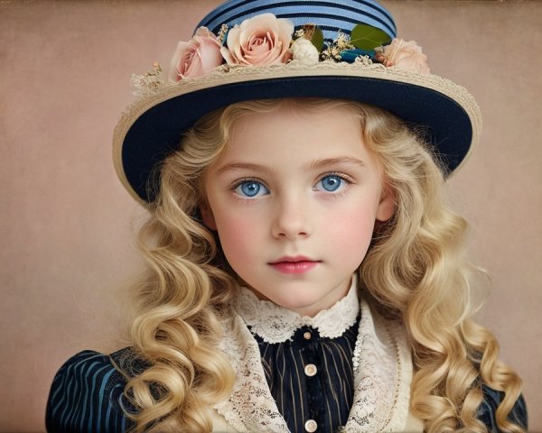 Young girl in vintage outfit with blonde curls and hat