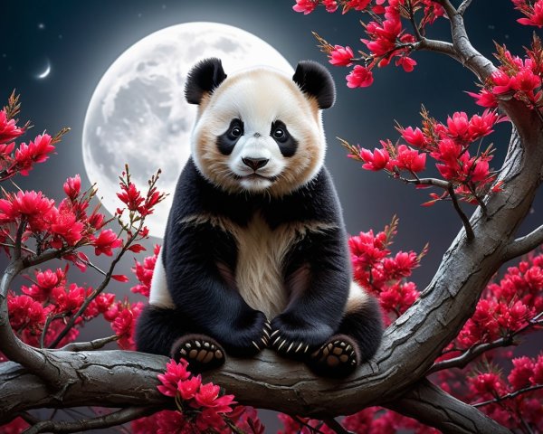 Panda on Branch Amidst Cherry Blossoms and Moonlight